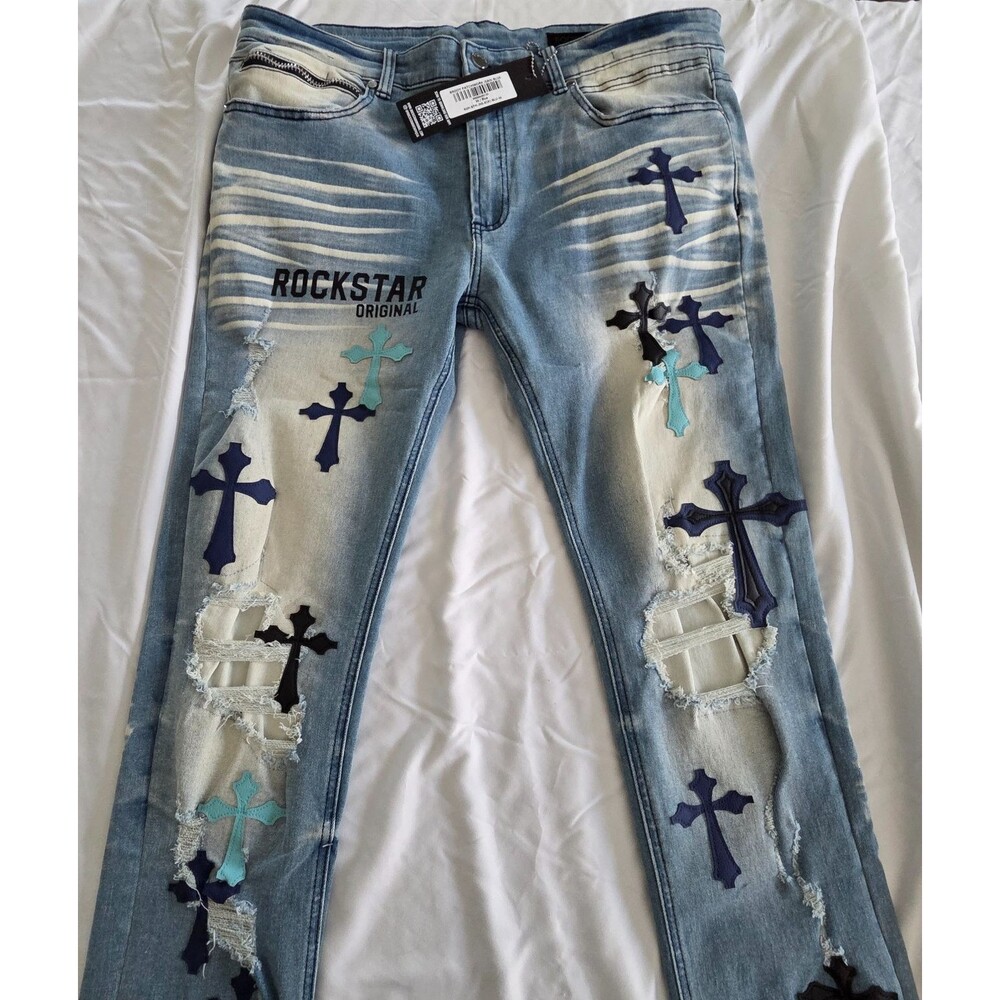 ROCKSTAR Original Mens Brody Patchwork Jean, Skinny, Blue, Size 36, NWT (0113)